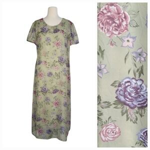 Vintage‎ Forrest Fairy Shift Dress 14 Petite Green Floral Cottagecore Romantic